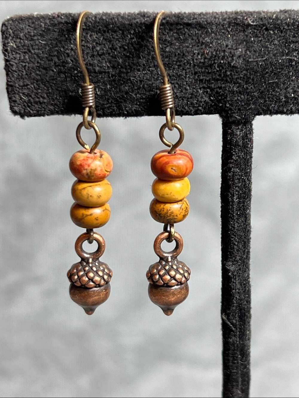 Picture Jasper gemstones with bronze acorn charms dangle earrings